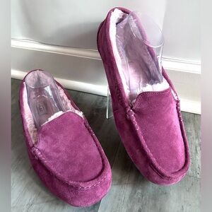 UGG Ansley Suede Shearling Moccasin Slippers Plum Purple Wmn 12 Cozy Loungewear